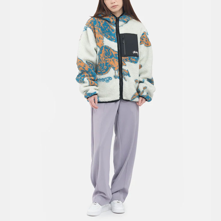 Stussy Floral Sherpa Hooded Jacket Blue XS - POIZON