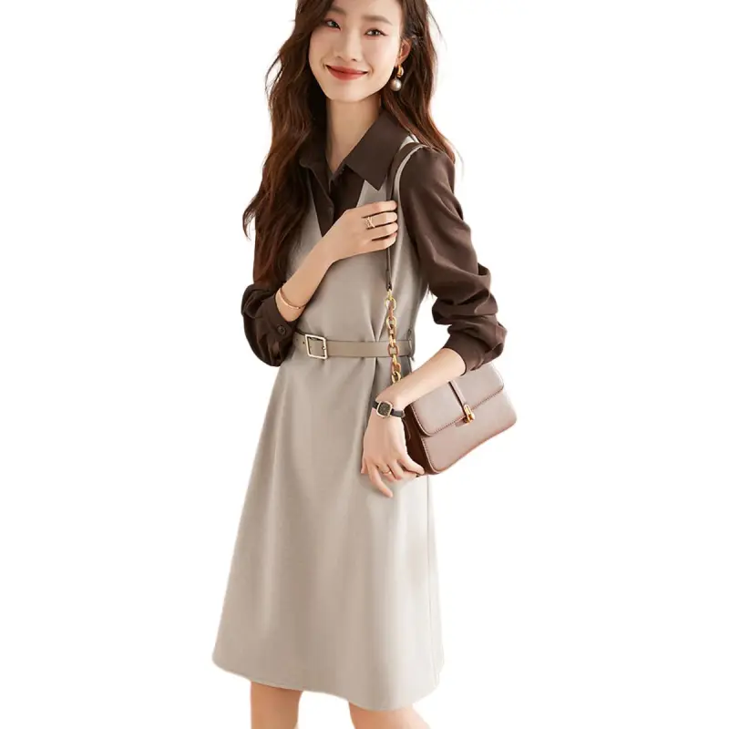 Mo Han Yi Mei Long Sleeved Dresses Women's Apricot & Khaki-2