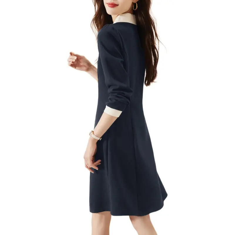Mo Han Yi Mei Long Sleeved Dresses Women's Navy Blue-1