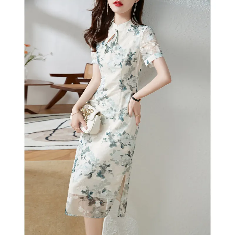 Mo Han Yi Mei Short Sleeved Dress Women's White Base Green Floral-3