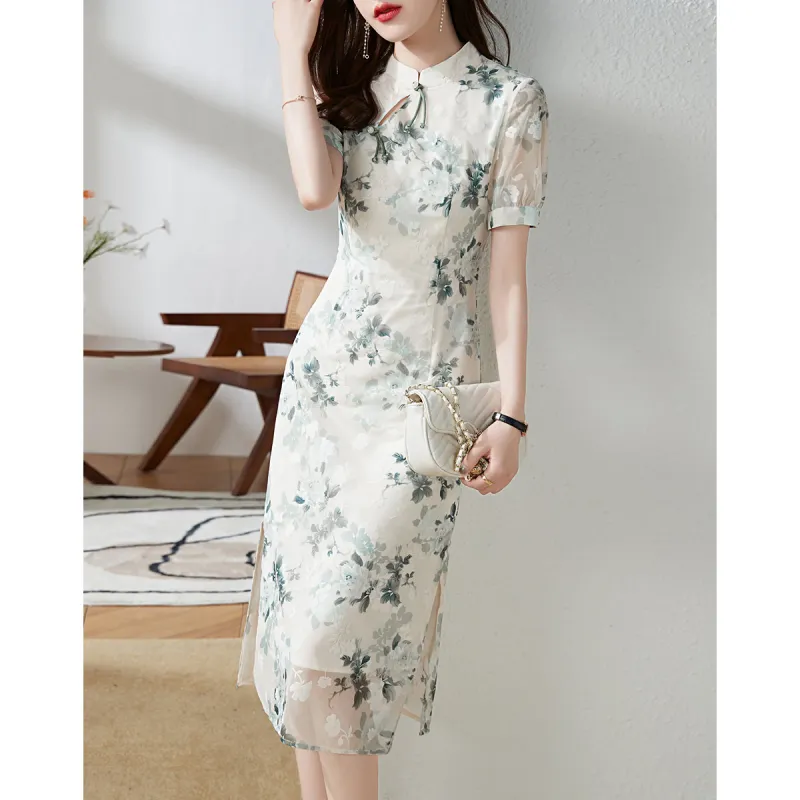 Mo Han Yi Mei Short Sleeved Dress Women's White Base Green Floral-4