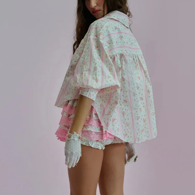 Selkie Collection SS25 Shirt Women's White Base Small Rose Vertical Stripes Print-2