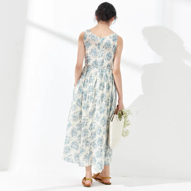 ZIMO Sleeveless Dress Women's Blue Floral Pattern-2