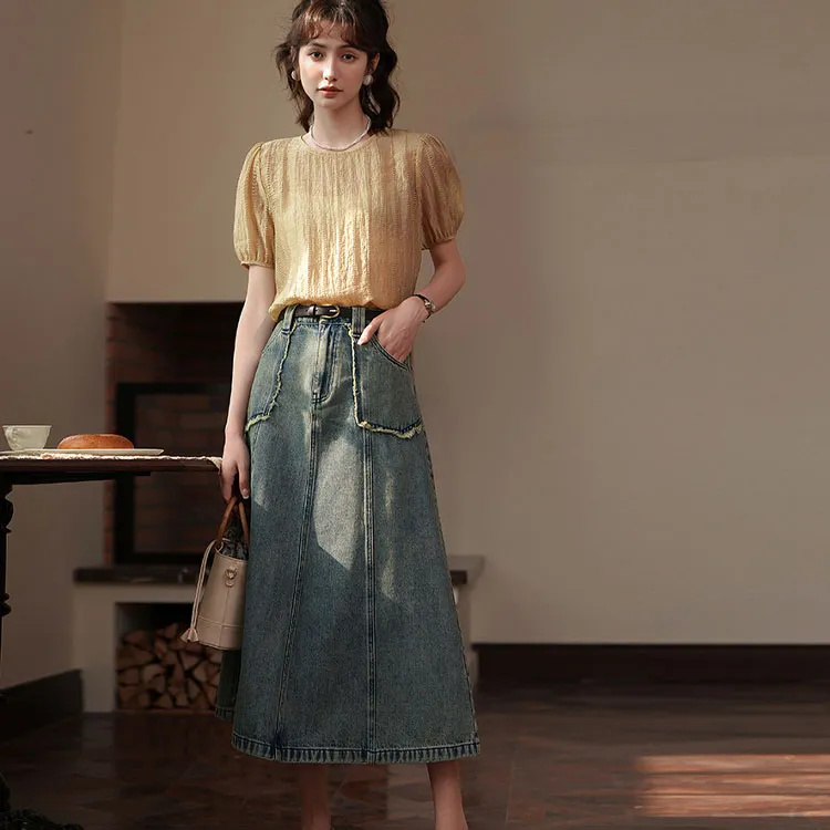 MISHOW Denim Long Skirts Women's Vintage Blue-1