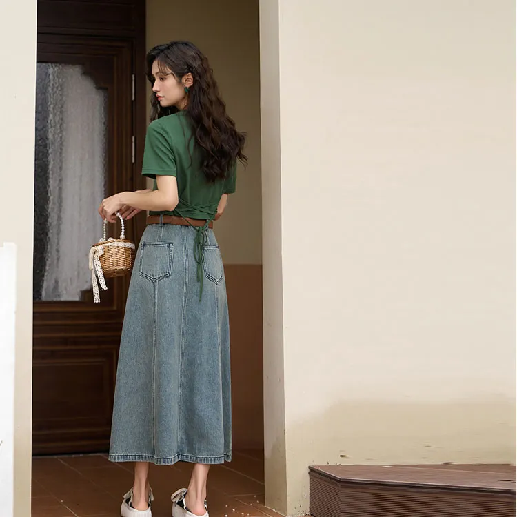 MISHOW Denim Long Skirts Women's Vintage Blue-2
