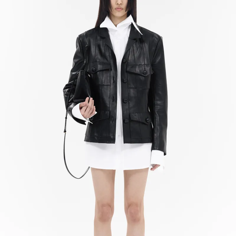 WE11DONE Leather Jacket Women's Black-3