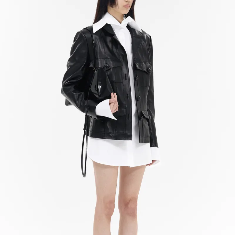 WE11DONE Leather Jacket Women's Black-4