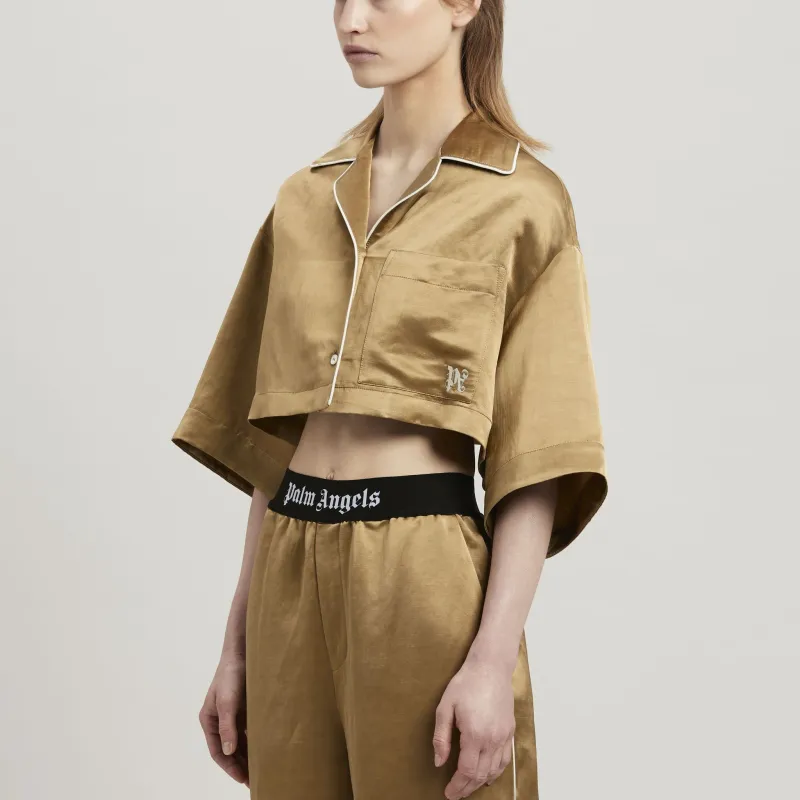 PALM ANGELS Monogram-embroidered Satin Cropped Shirt-3