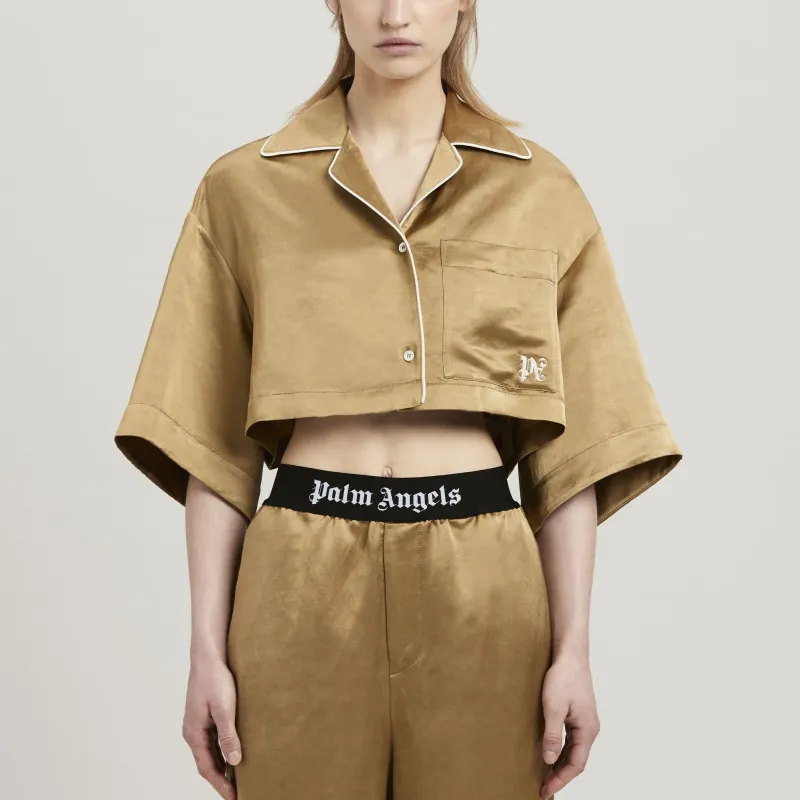 PALM ANGELS Monogram-embroidered Satin Cropped Shirt-1