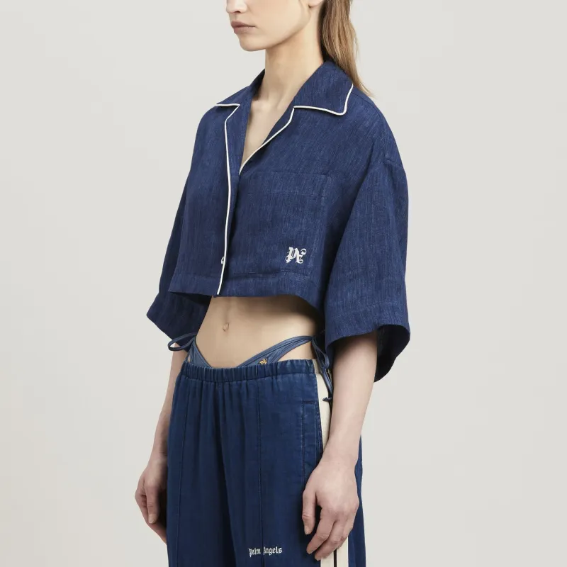 PALM ANGELS Monogram Embroidered Drop Shoulder Cropped Shirt-3