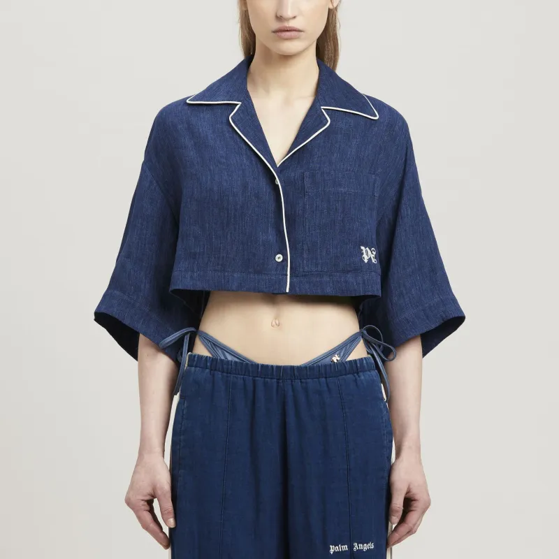 PALM ANGELS Monogram Embroidered Drop Shoulder Cropped Shirt-1