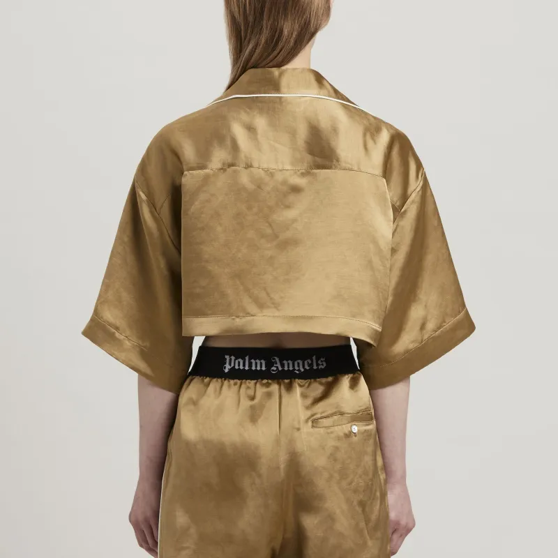 PALM ANGELS Monogram-embroidered Satin Cropped Shirt-2