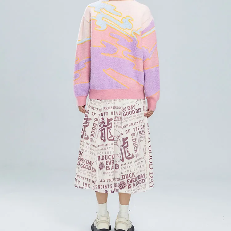 B.Duck Casual Long Skirts Women's White All Over Print Pattern-1