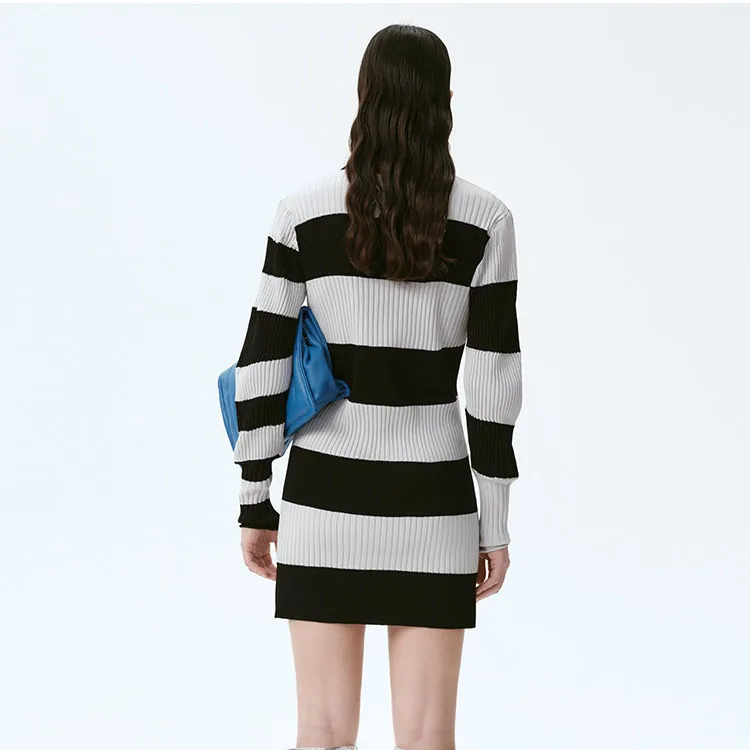 Self Who Long-Sleeved Dresses Women's Classic Black With Grey Stripes-1