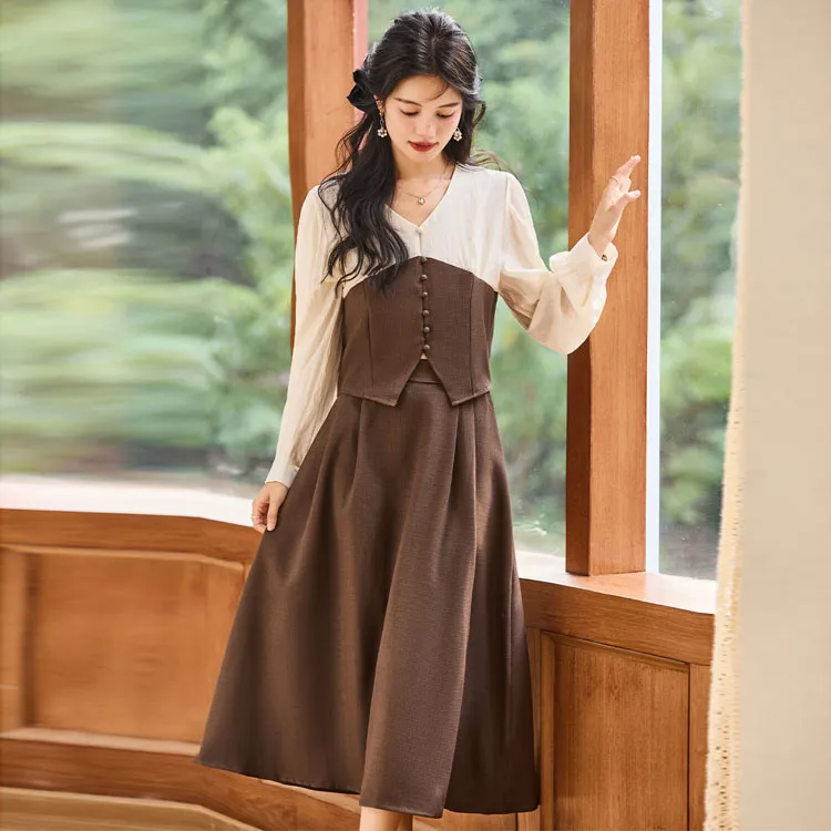 Emodues Skirt Set Women's Beige/Coffee-5