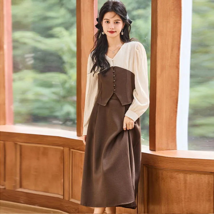 Emodues Skirt Set Women's Beige/Coffee-6