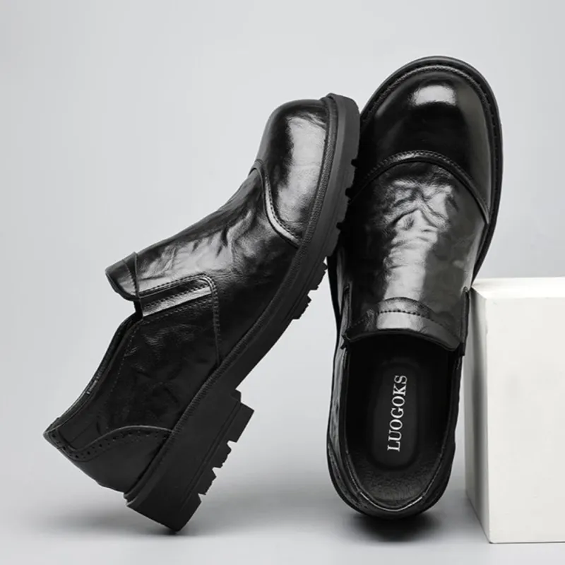 LUOGOKS Men's Casual Shoes Men Low Top Black/Brown-4