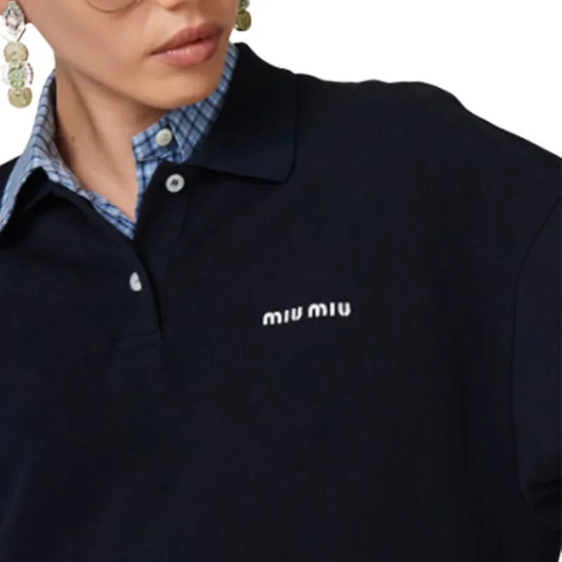 MIU MIU Logo Embroidered Piqué Long Sleeved Polo Shirt-4