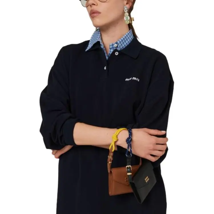 MIU MIU Logo Embroidered Piqué Long Sleeved Polo Shirt-2