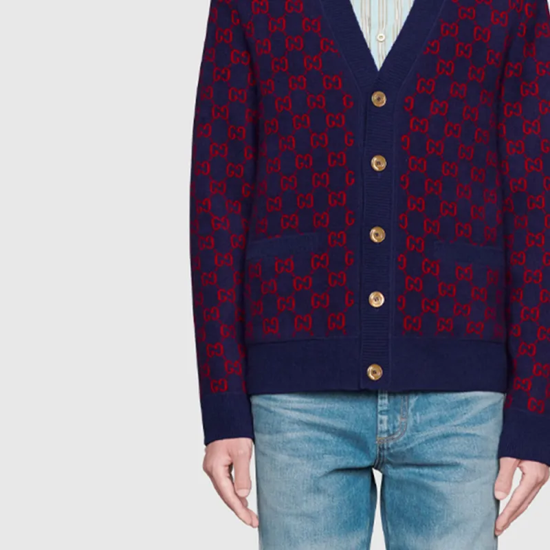 GUCCI Cashmere Sweater Men's Dark Blue Red-5