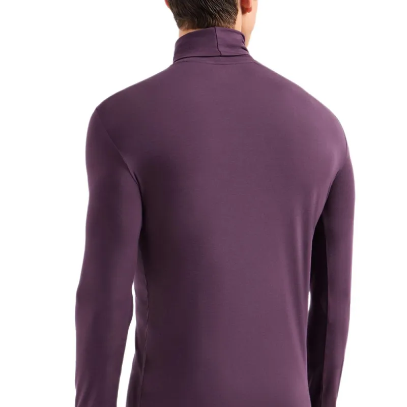 EMPORIO ARMANI Logo Embroidery Collar Slim Fit Long Sleeved Polo Shirt T Shirt Men's Dark Reddish Purple-2