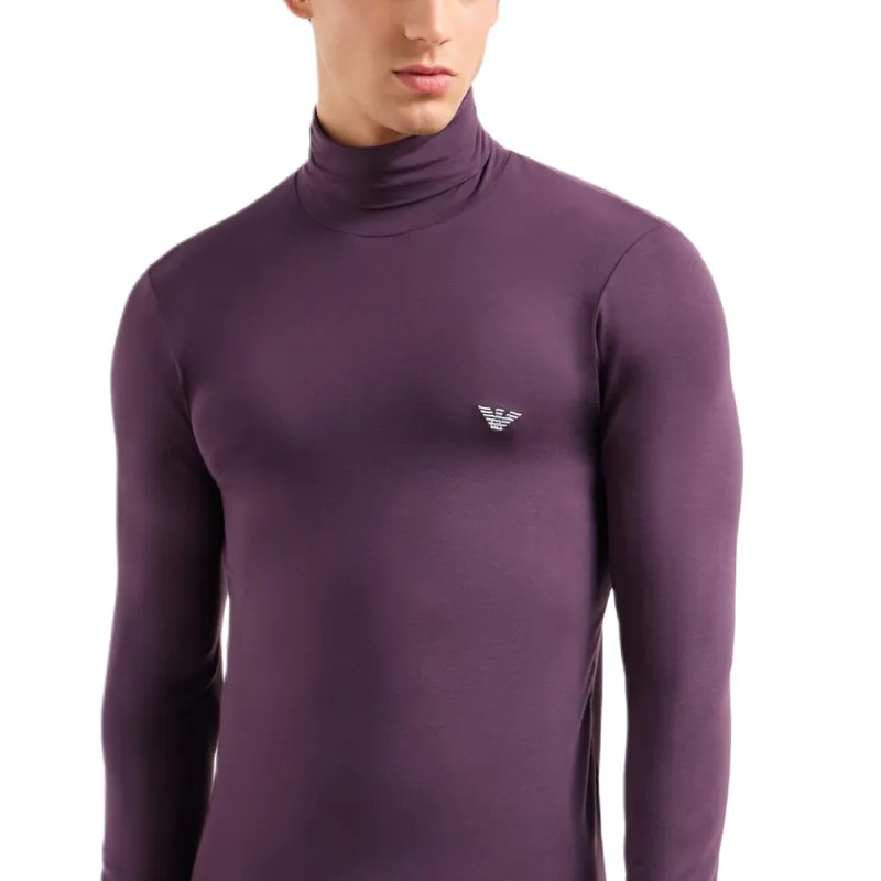 EMPORIO ARMANI Logo Embroidery Collar Slim Fit Long Sleeved Polo Shirt T Shirt Men's Dark Reddish Purple-1