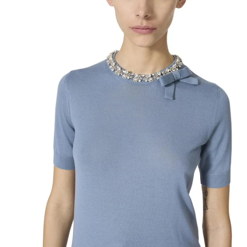 Valentino Embellished Fine Knit Crewneck T Shirt-4