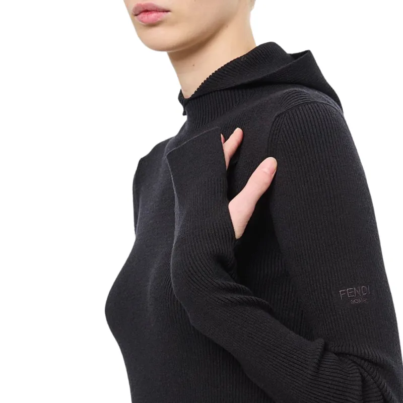 FENDI Long Sleeved Hooded Ribbed Knit Dress-4