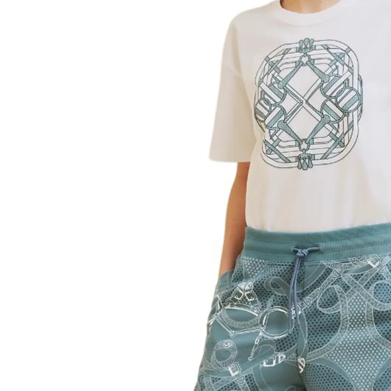 HERMES Patterned Print Crew Neck Pullover Short Sleeved T Shirt Women's White-3