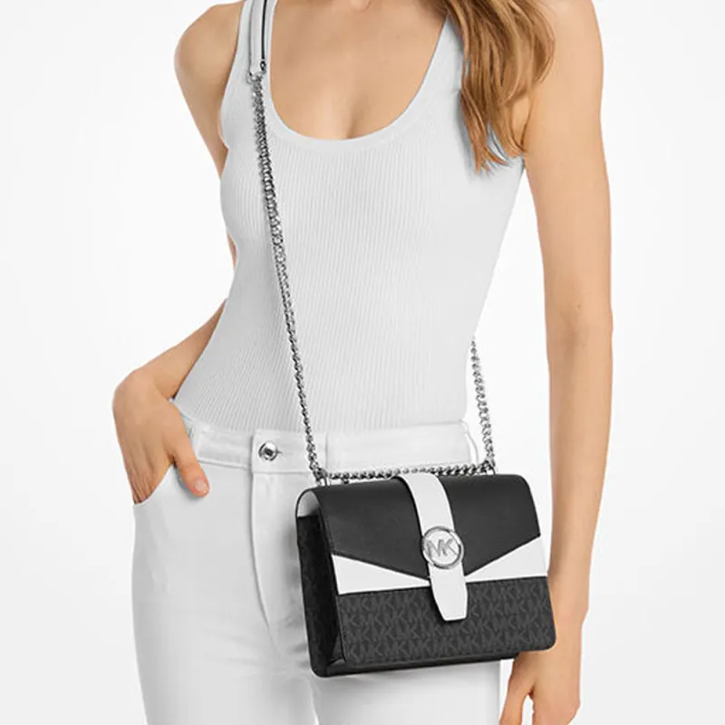 MICHAEL KORS Greenwich Artificial Leather Crossbody Bag, Shoulder Bag Trumpets Women's Black & White-4