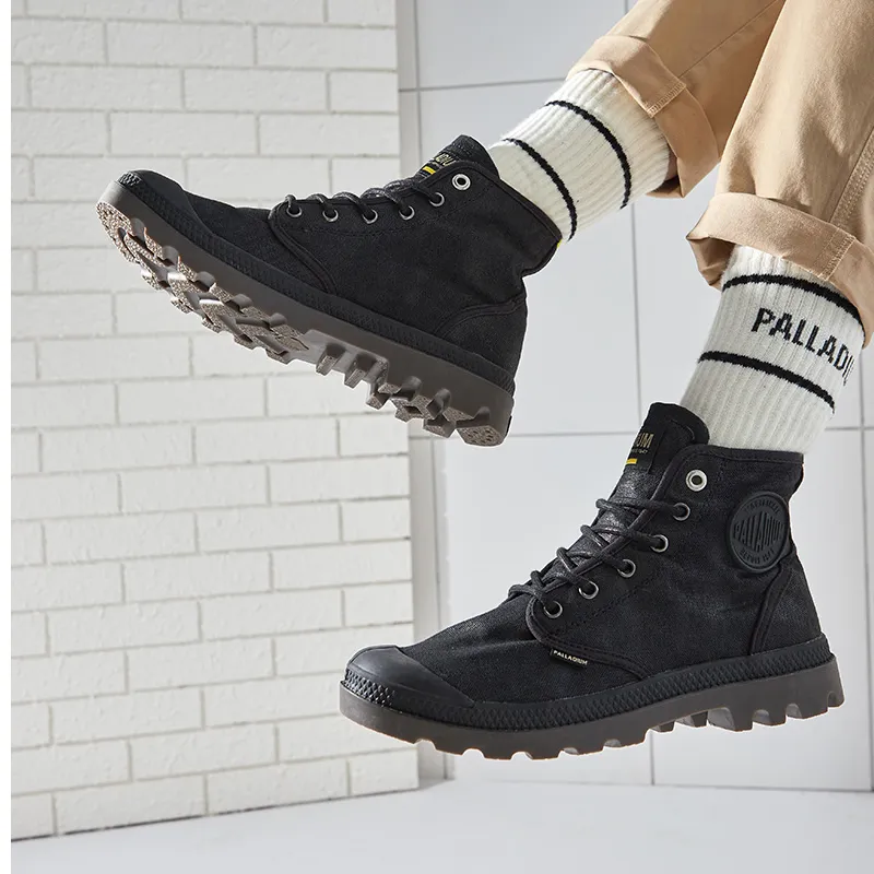 Palladium Pampa Anti Slip Wear Resistant Breathable Water Resistant Cushioning High Top Canvas Shoes Unisex Black-5