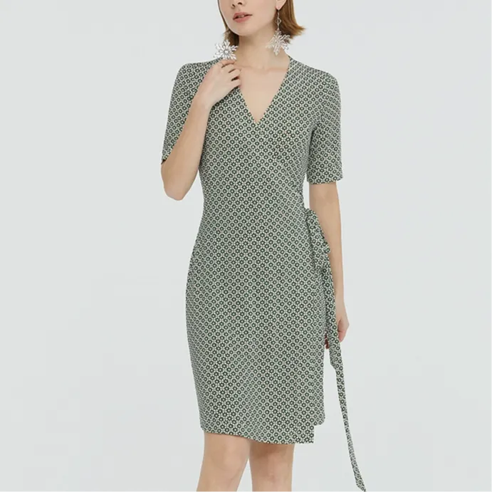 BESIONIA Short Sleeved Dress Women's Green Floral Pattern-1