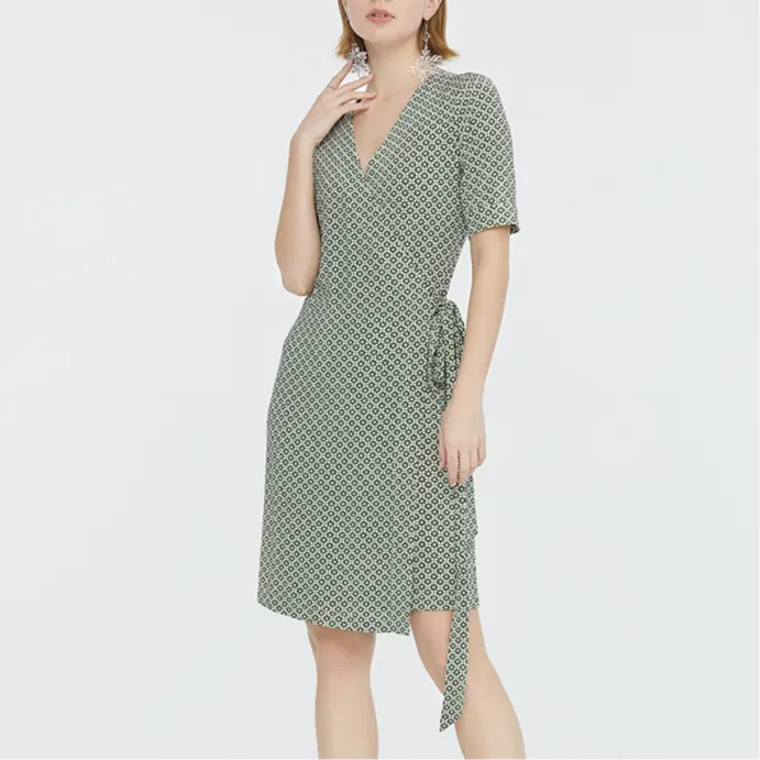 BESIONIA Short Sleeved Dress Women's Green Floral Pattern-4