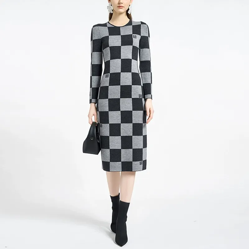 BESIONIA FW23 Long-Sleeved Dresses Women's Gray Plaid Stripes-1