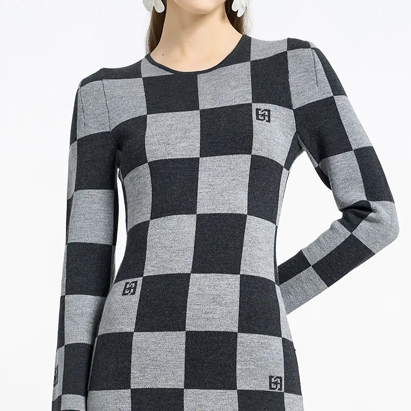 BESIONIA FW23 Long-Sleeved Dresses Women's Gray Plaid Stripes-4
