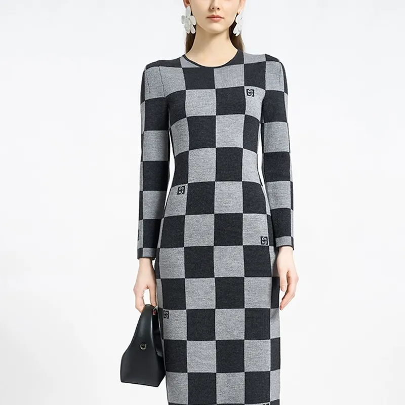 BESIONIA FW23 Long-Sleeved Dresses Women's Gray Plaid Stripes-3