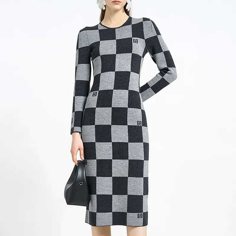 BESIONIA FW23 Long-Sleeved Dresses Women's Gray Plaid Stripes-2