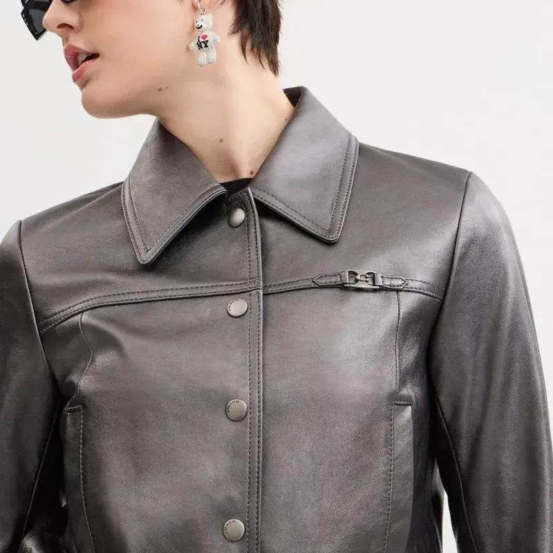 COACH Leather Jacket Tight Fit Version Women's Silver-3