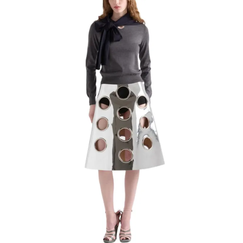 PRADA Leather Long Skirt Women's Silver-1