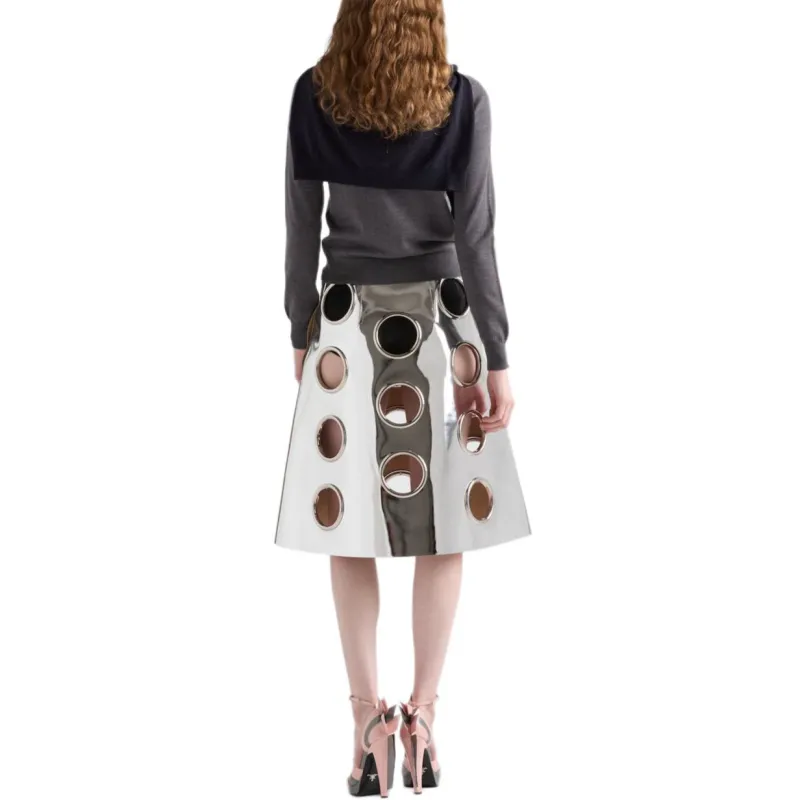 PRADA Leather Long Skirt Women's Silver-2