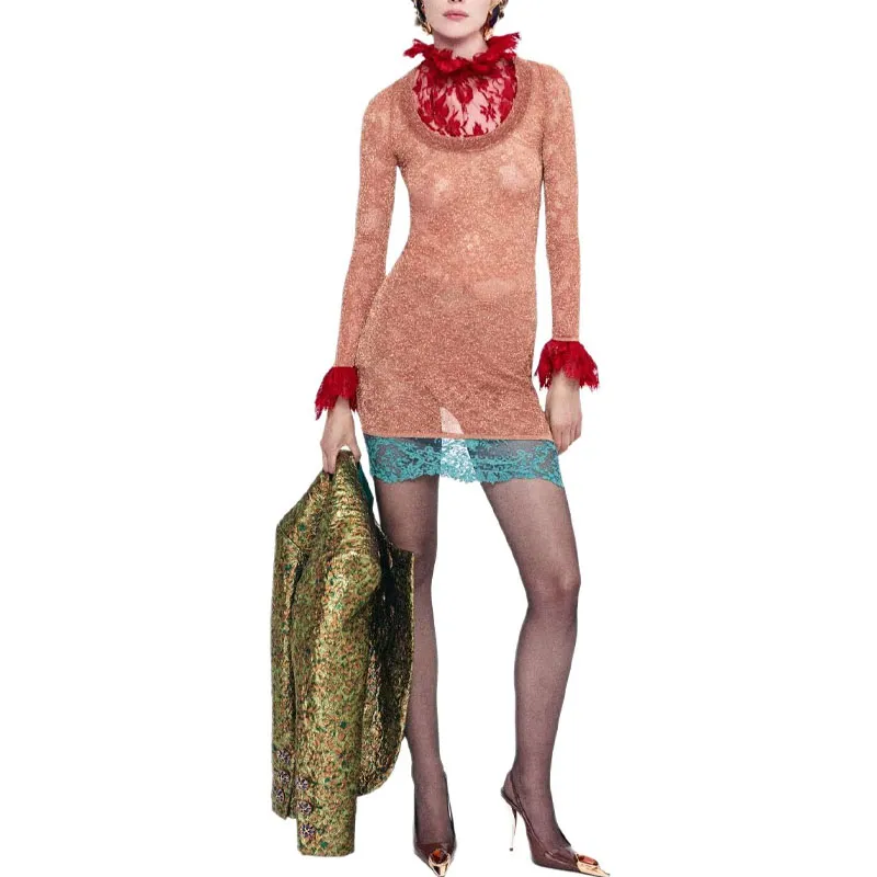 SAINT LAURENT Long Sleeved Dress Women's Orange-2