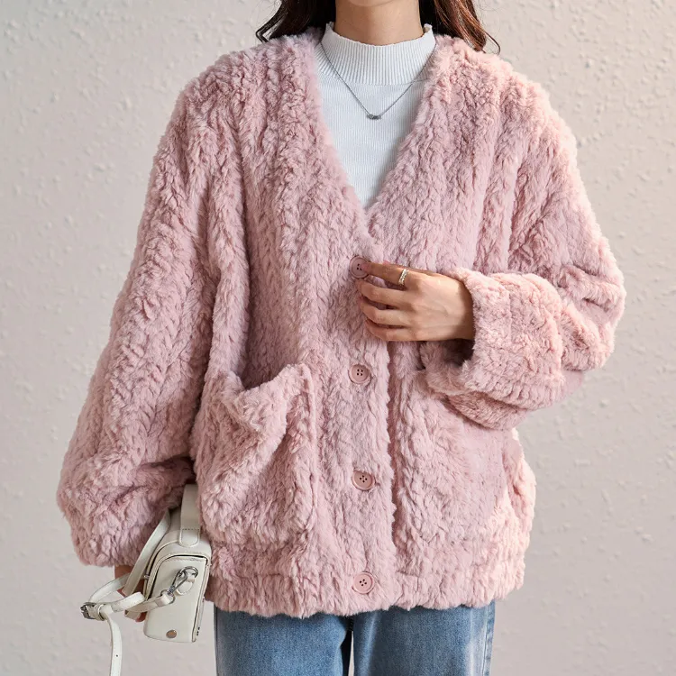 Tonlion Velvet feel Coat Women's Leather Pink-1