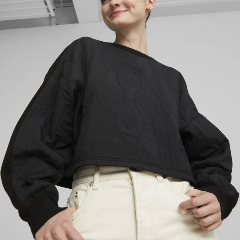 PUMA CLASSICS Classics Quilting Applique Cropped Crew Fleece Sweatshirt Women's Black-2