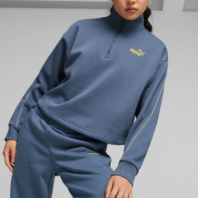 PUMA ESS+ Essentials+ MINIMAL GOLD Half Zip Mock Neck Fleece Sweatshirt Women's Blue-2