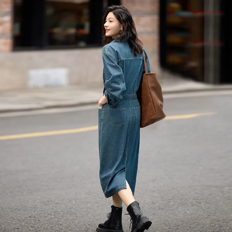 Demana Long Sleeved Dresses Women's Vintage Denim Blue-1