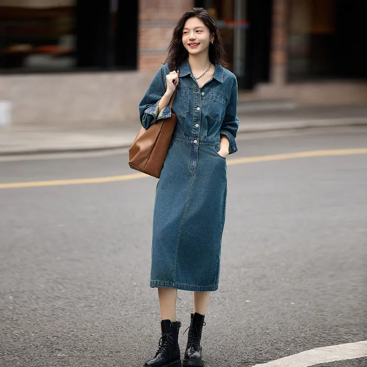 Demana Long Sleeved Dresses Women's Vintage Denim Blue-2