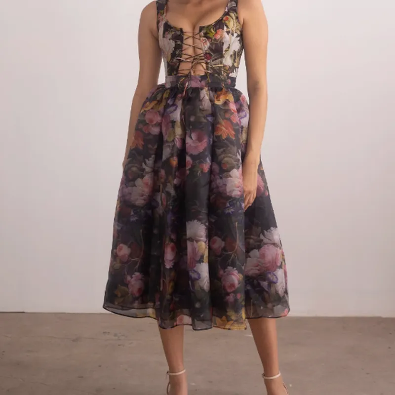 Selkie Casual Long Skirts Women's Black Sole With Floral Print-1