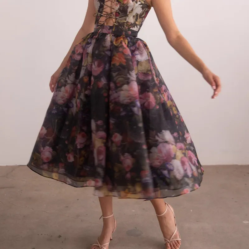 Selkie Casual Long Skirts Women's Black Sole With Floral Print-3