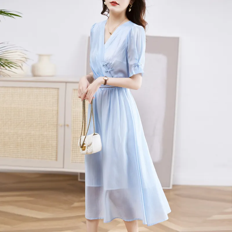 Hang Yi Court SS24 Short Sleeved Dress Women's Blue-3
