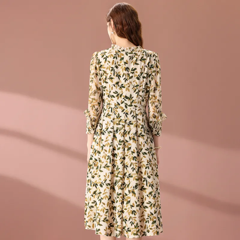 FENHONGMALI Long Sleeved Dresses Women's Green Floral-0